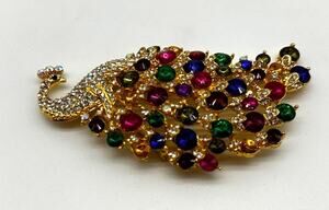 Vintage 1970s Peacock Brooch with Multiple Gemstones and Silk Bag